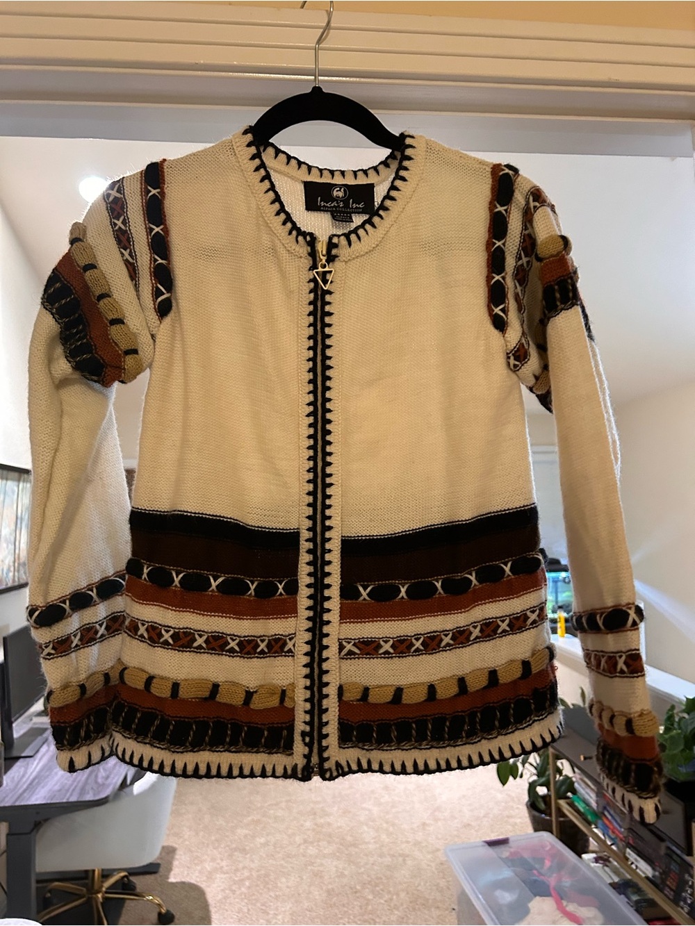 Alpaca White Knit Zip Jacket with Brown & Rust Stripe Accents
